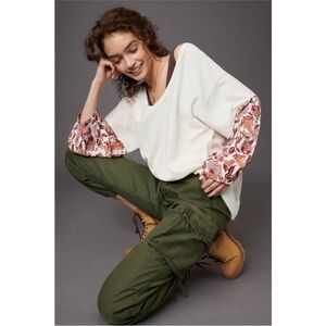 Anthropologie Annette Waffle Thermal Knit
Contrast Sleeve Top in Ivory Small